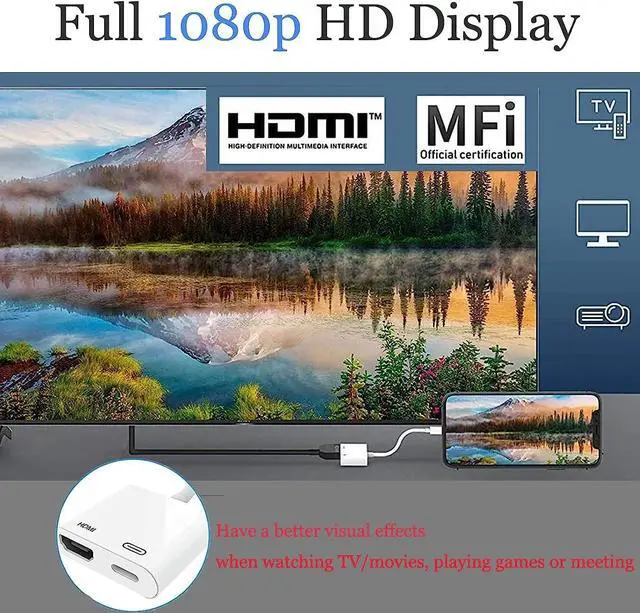 Alt view image 2 of 7 - [Apple MFi Certified] Lightning to HDMI Adapter for iPhone 1080P Lightning Digital AV Adapter Sync Screen Converter with Charging Port for iPhone 14/13/12/11/XS/XR/X/8/iPad to HDTV/Projector/Monitor