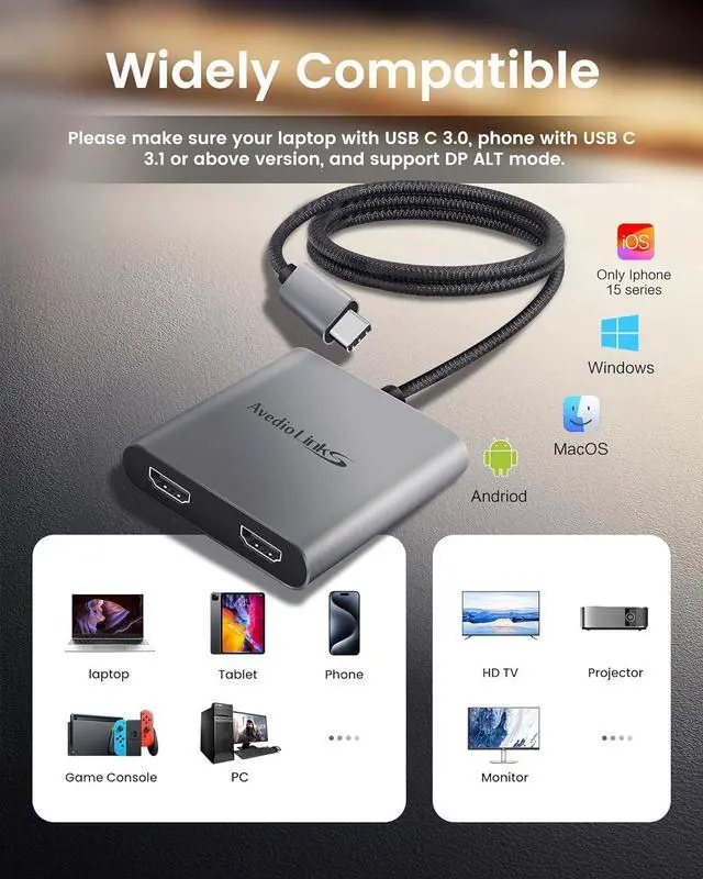 Alt view image 6 of 7 - USB C to Dual HDMI Adapter 4K@60HZ Type C to HDMI Splitter for Dual Monitors Extended Display Compatible for USB C 3.0/3.1 Thunderbolt 3 Support Dual 4K 30HzMST Mode Only for Windows