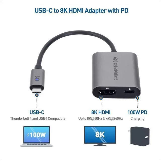 Alt view image 2 of 7 - 48Gbps USB C to HDMI 2.1 Adapter with 100W Charging 4K 240Hz /8K 60Hz HDR - Thunderbolt 4 Compatible with iPhone 16/15 Pro Max (Max Resolution on Any MacBook is 4K@60Hz)
