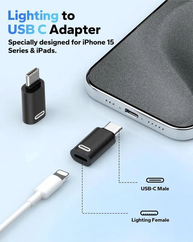 Alt view image 3 of 7 - Lightning Female to USB C Male Adapter 2Pack USB-C to Lightning Adapter for iPhone 15/16 Pro/16 Pro Max/Plus Galaxy S24 iPad Pro/Air for Fast Charging/Data Transfer Not for Audio/OTG Black PD