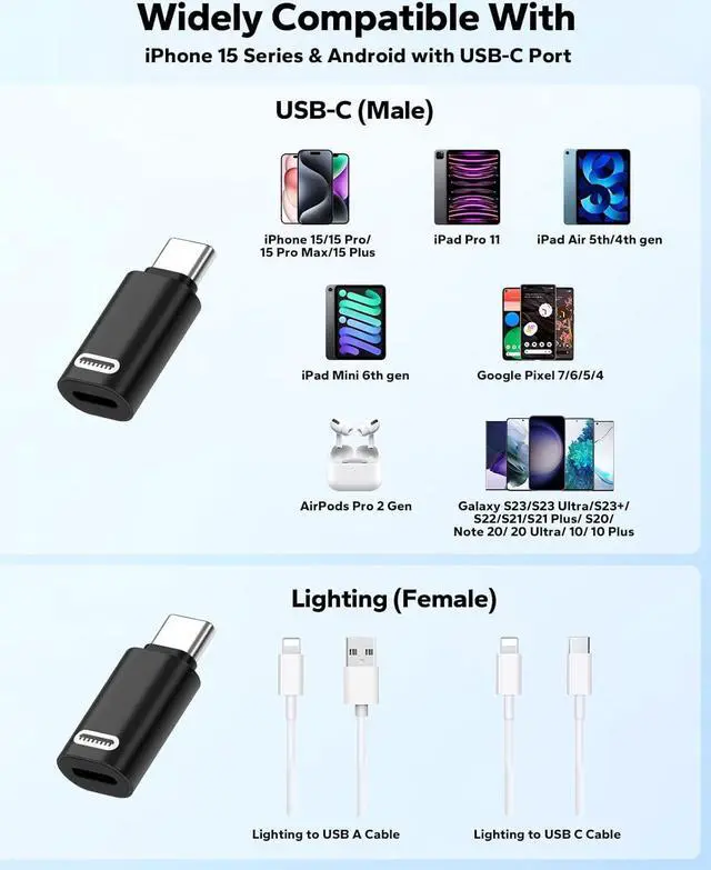 Alt view image 6 of 7 - Lightning Female to USB C Male Adapter 2Pack USB-C to Lightning Adapter for iPhone 15/16 Pro/16 Pro Max/Plus Galaxy S24 iPad Pro/Air for Fast Charging/Data Transfer Not for Audio/OTG Black PD