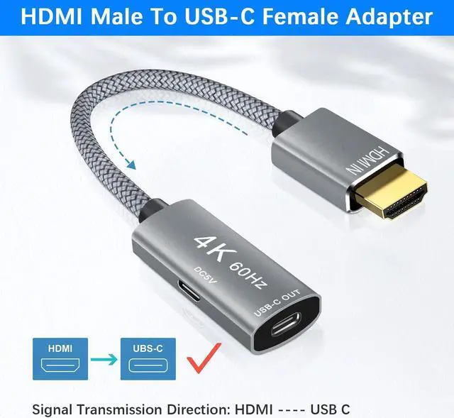 Alt view image 3 of 7 - HDMI Male to USB-C Female Cable Adapter with USB-C Power Cable Type C 3.1 (Display) to HDMI (Source) Converter 4K 60Hz Thunderbolt 3 Adapter for New MacBook Pro Mac Surface Xreal Air Rokid