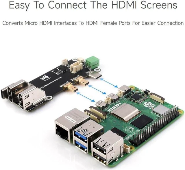 Alt view image 5 of 7 - waveshare Micro HDMI to HDMI Multifunctional Adapter, Compatible with Raspberry Pi 5/4B, Dual 4K Outputs, Power Via Type-C Port or Screw Terminal