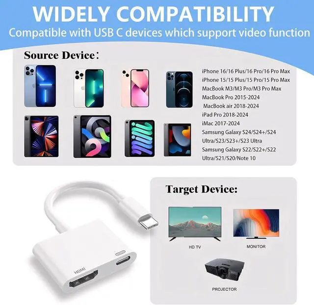 Alt view image 2 of 7 - USB C to HDMI for TV 4K@60Hz Type C to HDMI Adapter with Charging Port iPhone to Hdmi to USB C Adapter Compatible for iPhone 16/15 Series/iPad Pro/Galaxy/MacBook Pro to HDTV Projector