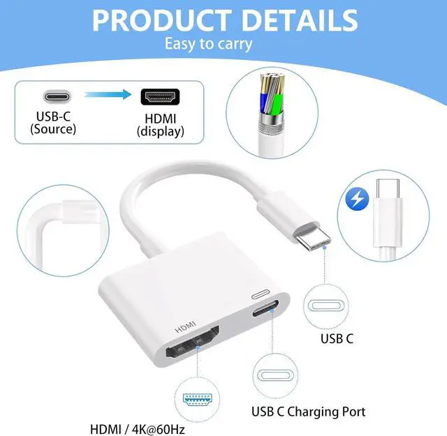 Alt view image 3 of 7 - USB C to HDMI for TV 4K@60Hz Type C to HDMI Adapter with Charging Port iPhone to Hdmi to USB C Adapter Compatible for iPhone 16/15 Series/iPad Pro/Galaxy/MacBook Pro to HDTV Projector