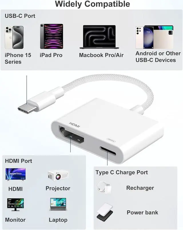 Alt view image 2 of 7 - USB C to HDMI Adapter for iPhone 16 15 to TV 4K Sync Screen Connector Cable Type C Digital AV Adapter for TV/Projector/Monitor No Power Needed