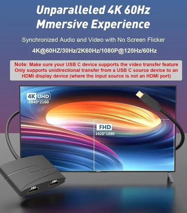 Alt view image 2 of 7 - USB C to Dual HDMI Adapter | 4K@60Hz| HDMI Splitter Extended Display for Windows 2 HDMI Dual Monitor Converter for MacBook Pro/Air HP   etc