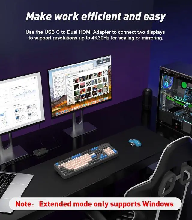 Alt view image 3 of 7 - USB C to Dual HDMI Adapter | 4K@60Hz| HDMI Splitter Extended Display for Windows 2 HDMI Dual Monitor Converter for MacBook Pro/Air HP   etc