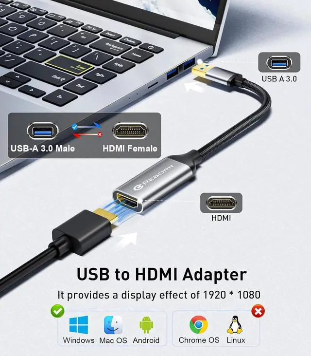 Alt view image 2 of 7 - USB to HDMI Adapter USB 3.0/2.0 to HDMI Multi-Display Cable 1080P@60Hz USB-A 3.0 Male to HDMI Female Converter Suitable for Windows XP/7/8/10/11