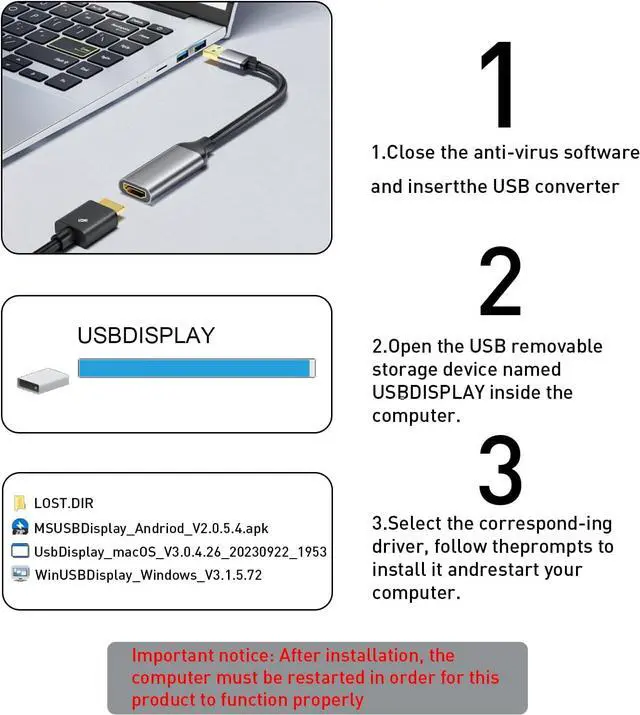 Alt view image 3 of 7 - USB to HDMI Adapter USB 3.0/2.0 to HDMI Multi-Display Cable 1080P@60Hz USB-A 3.0 Male to HDMI Female Converter Suitable for Windows XP/7/8/10/11