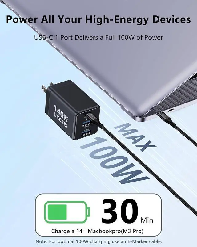 Alt view image 4 of 7 - 140W USB C Charger Block - 3-Port GaN Fast Chargers 2 Pack Foldable USB C Wall Charger Compact 100W Laptop Adapter for MacBook Pro/Air iPad Pro Galaxy iPhone Series Black