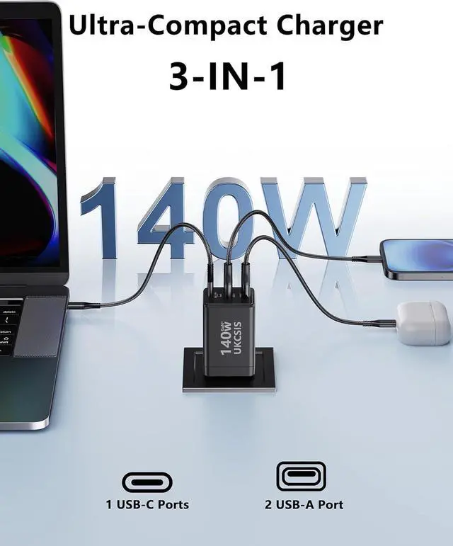 Alt view image 2 of 7 - 140W USB C Charger Block - 3-Port GaN Fast Chargers 2 Pack Foldable USB C Wall Charger Compact 100W Laptop Adapter for MacBook Pro/Air iPad Pro Galaxy iPhone Series Black
