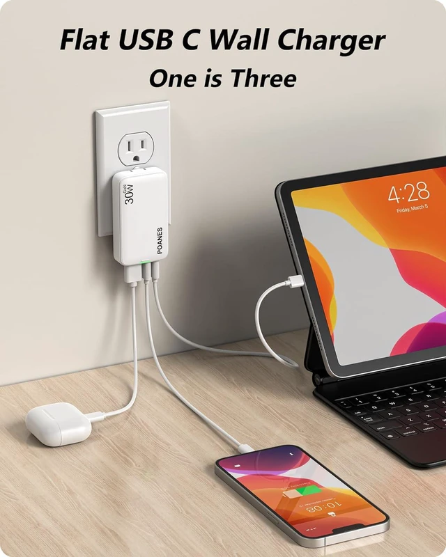 Alt view image 3 of 6 - 3-Port Flat USB C Wall Charger 30W Max Type-C Fast Charging Block