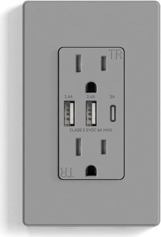 Main image of 30W 6.0 Amp 3 Port USB Wall Outlet 15 Amp Receptacle with USB C USB A Ports USB Charger for iPhone/iPad//LG/HTC/Android Devices UL Listed w/Wall Plate 1 Pack Matte Gray