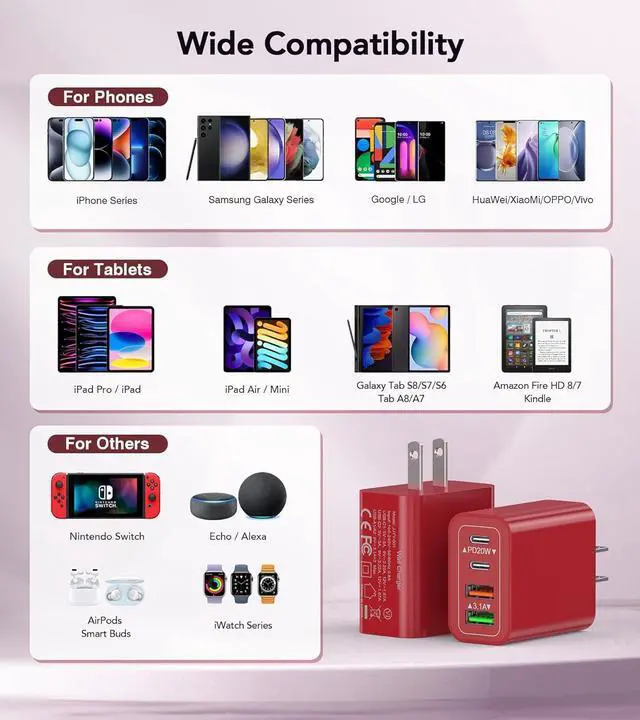 Alt view image 4 of 7 - 40W USB C Wall Charger 2-Pack Super Fast Charging Block PD+QC 4 Port Charger Cube for iPad Pro/Mini/Air iPod Nano iPod Touch Switch Smart Phone Smartwatches and Tablet(Red)