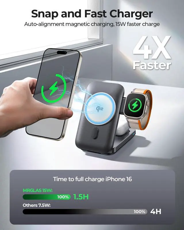 Alt view image 3 of 7 - for Qi2 Magsafe Charger 3-in-1 Charging Station Apple [Certified Qi2 15W] MagSafe Wireless Charger Stand Foldable Travel Charger for iPhone 16/15 Watch AirPods (30W USB-C Charger Included)