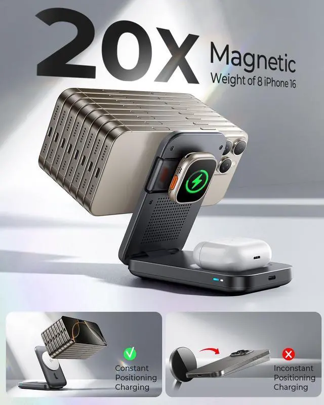Alt view image 5 of 7 - for Qi2 Magsafe Charger 3-in-1 Charging Station Apple [Certified Qi2 15W] MagSafe Wireless Charger Stand Foldable Travel Charger for iPhone 16/15 Watch AirPods (30W USB-C Charger Included)