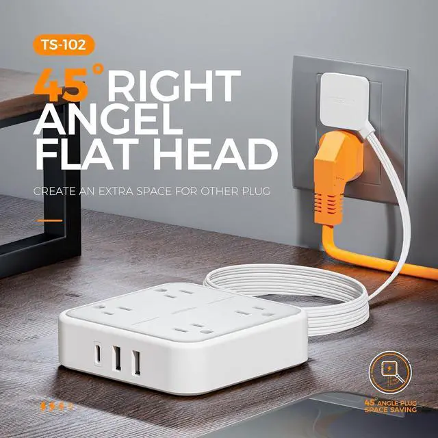 Alt view image 7 of 7 - Flat Plug Surge Protector Power Strip, TESSAN 5 ft Ultra Thin Extension Cord with 3 USB Wall Charger(1 USB C Port), 4 Outlets Slim Desk Charging Station for Travel, Office, Dorm Room Essentials