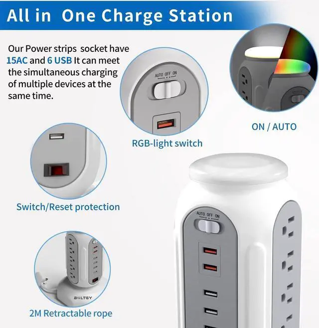 Alt view image 2 of 7 - Power Strip Tower with Colorful Night Light 15 Outlets 6 USB Ports Surge Protector with USB Fast Charger & 6.5ft Extension Cord Outlet Overload Protection for Home Office(White)