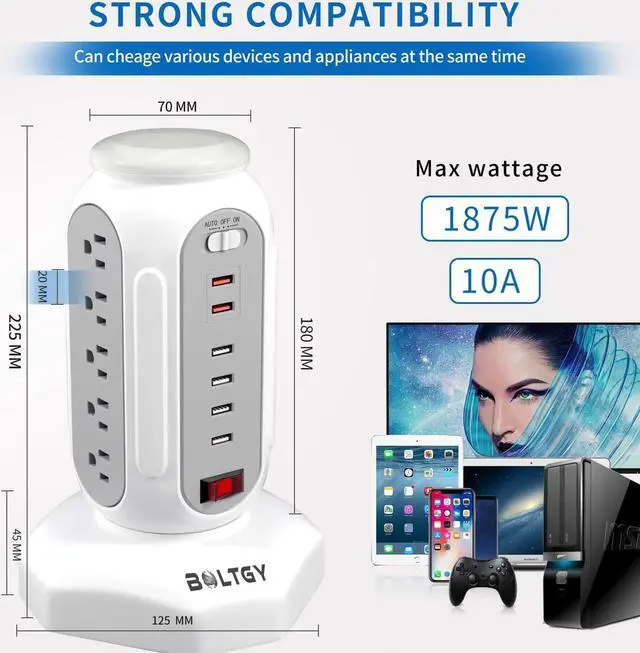 Alt view image 4 of 7 - Power Strip Tower with Colorful Night Light 15 Outlets 6 USB Ports Surge Protector with USB Fast Charger & 6.5ft Extension Cord Outlet Overload Protection for Home Office(White)