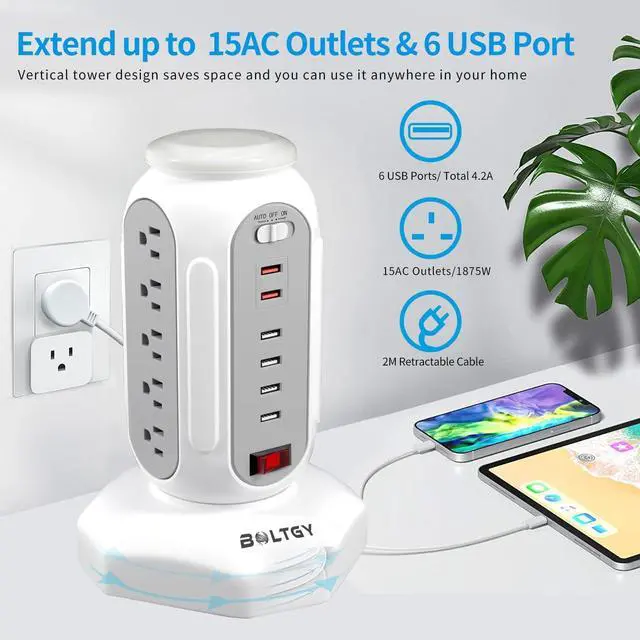 Alt view image 5 of 7 - Power Strip Tower with Colorful Night Light 15 Outlets 6 USB Ports Surge Protector with USB Fast Charger & 6.5ft Extension Cord Outlet Overload Protection for Home Office(White)