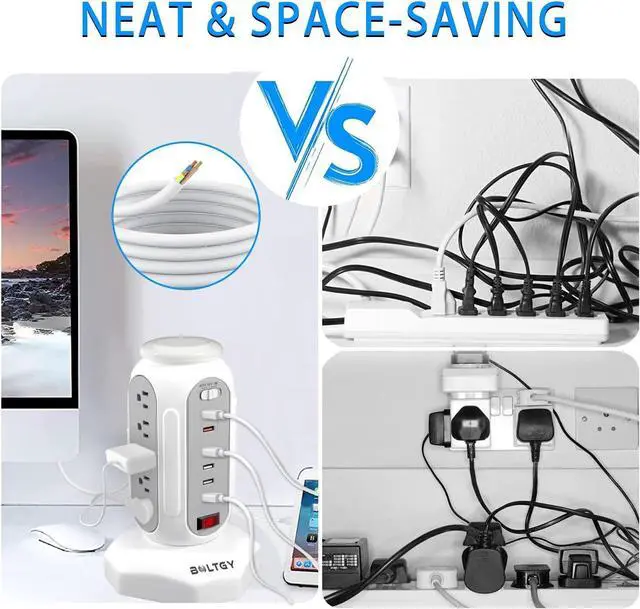 Alt view image 6 of 7 - Power Strip Tower with Colorful Night Light 15 Outlets 6 USB Ports Surge Protector with USB Fast Charger & 6.5ft Extension Cord Outlet Overload Protection for Home Office(White)