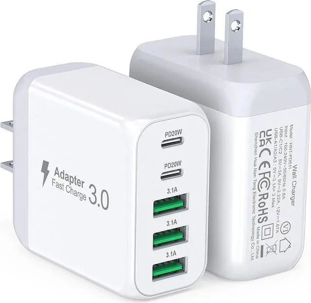 Main image of USB C Wall Charger Block 2Pack 50W 5-Port C Charger Fast Charging Block PD Power Adapter +QC 3.0 Multiport Type C Box Brick Cube USB A Wall Plug for iPhone 16/15/14 Pro Max Plus iPad  Galaxy