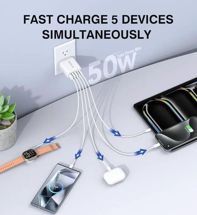Alt view image 2 of 7 - USB C Wall Charger Block 2Pack 50W 5-Port C Charger Fast Charging Block PD Power Adapter +QC 3.0 Multiport Type C Box Brick Cube USB A Wall Plug for iPhone 16/15/14 Pro Max Plus iPad  Galaxy