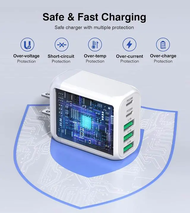 Alt view image 3 of 7 - USB C Wall Charger Block 2Pack 50W 5-Port C Charger Fast Charging Block PD Power Adapter +QC 3.0 Multiport Type C Box Brick Cube USB A Wall Plug for iPhone 16/15/14 Pro Max Plus iPad  Galaxy