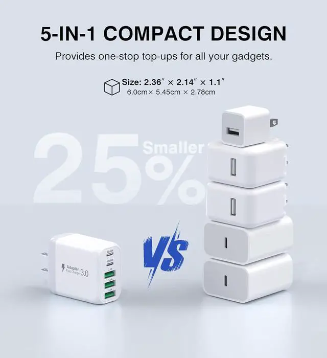 Alt view image 4 of 7 - USB C Wall Charger Block 2Pack 50W 5-Port C Charger Fast Charging Block PD Power Adapter +QC 3.0 Multiport Type C Box Brick Cube USB A Wall Plug for iPhone 16/15/14 Pro Max Plus iPad  Galaxy