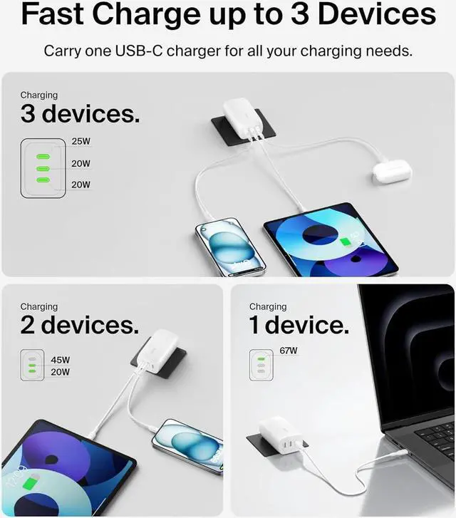 Alt view image 4 of 7 - Belkin 3-Port USB-C Charger Block 67W - PPS, USB-C PD3.1 Super Fast Charging Charger - Samsung Galaxy S25, Apple iPhone 16, MacBook Pro, AirPods, Nintendo Switch 2 & Other PD Enabled Devices - White
