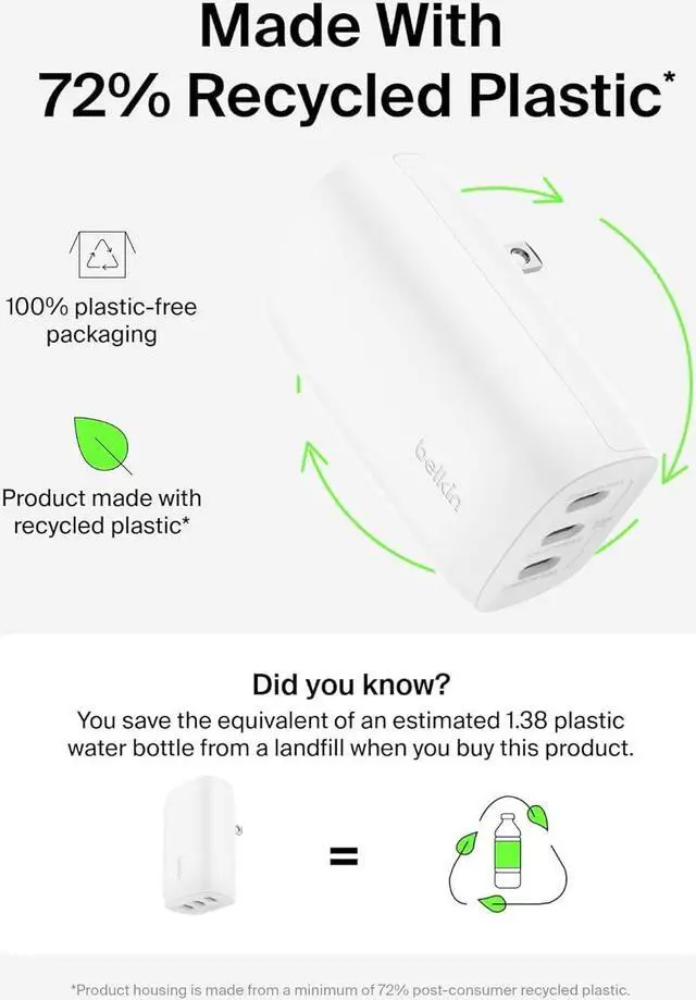 Alt view image 6 of 7 - Belkin 3-Port USB-C Charger Block 67W - PPS, USB-C PD3.1 Super Fast Charging Charger - Samsung Galaxy S25, Apple iPhone 16, MacBook Pro, AirPods, Nintendo Switch 2 & Other PD Enabled Devices - White