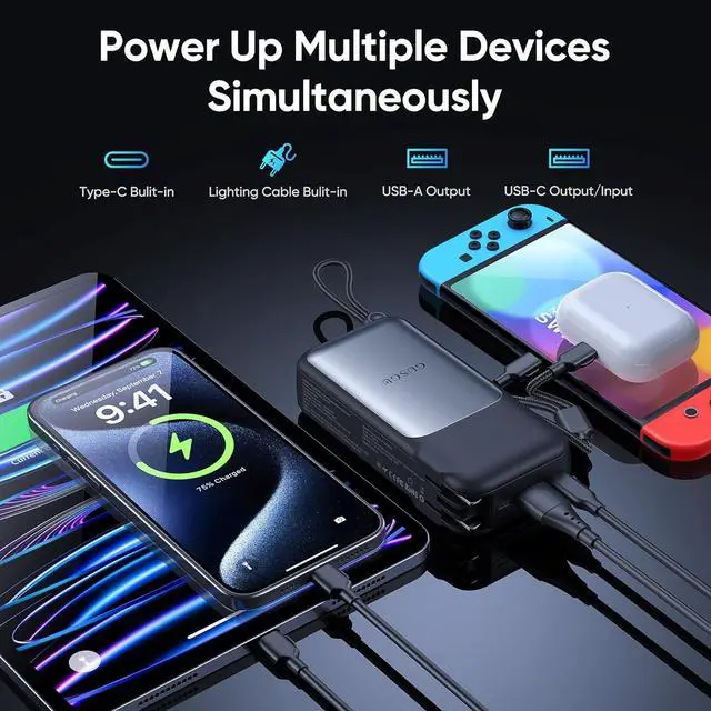 Alt view image 2 of 6 - 10000mAh Airline Approved Power Bank Built in Charger 22.5W Max Portable Battery Pack with Lightning/USB C Cable Cell Phone Travel Charger for iPhone 15/16 iPad  Google