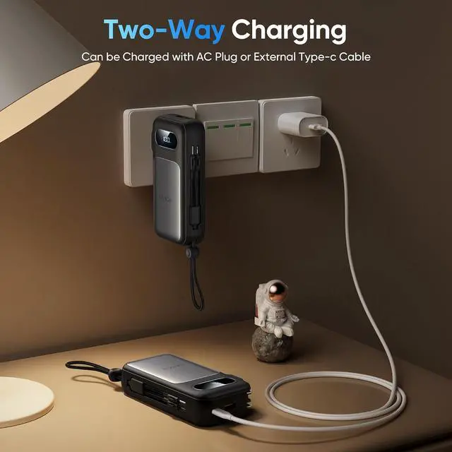 Alt view image 4 of 6 - 10000mAh Airline Approved Power Bank Built in Charger 22.5W Max Portable Battery Pack with Lightning/USB C Cable Cell Phone Travel Charger for iPhone 15/16 iPad  Google
