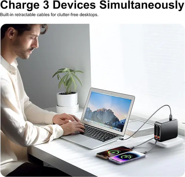 Alt view image 4 of 7 - 3 in 1 Retractable Wall Charge with Dual Cables 35W USB C Charger Block with Foldable Plug 62W Power Adapter Fast Charging for iPhone 16/15/14/13/12/11 Series Pad LG  and More