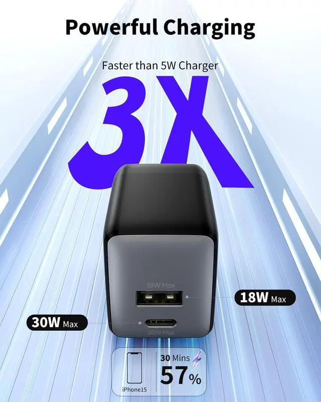 Alt view image 2 of 7 - USB C Charger Block 30W USB C Charger Fast Charging Dual-Port Compact USB Charger Block with Foldable Plug Compatible with 16/16 Pro/15/15 Plus/15 Pro/15 Pro Max/14/13/12/11
