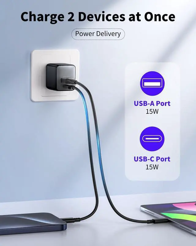 Alt view image 3 of 7 - USB C Charger Block 30W USB C Charger Fast Charging Dual-Port Compact USB Charger Block with Foldable Plug Compatible with 16/16 Pro/15/15 Plus/15 Pro/15 Pro Max/14/13/12/11