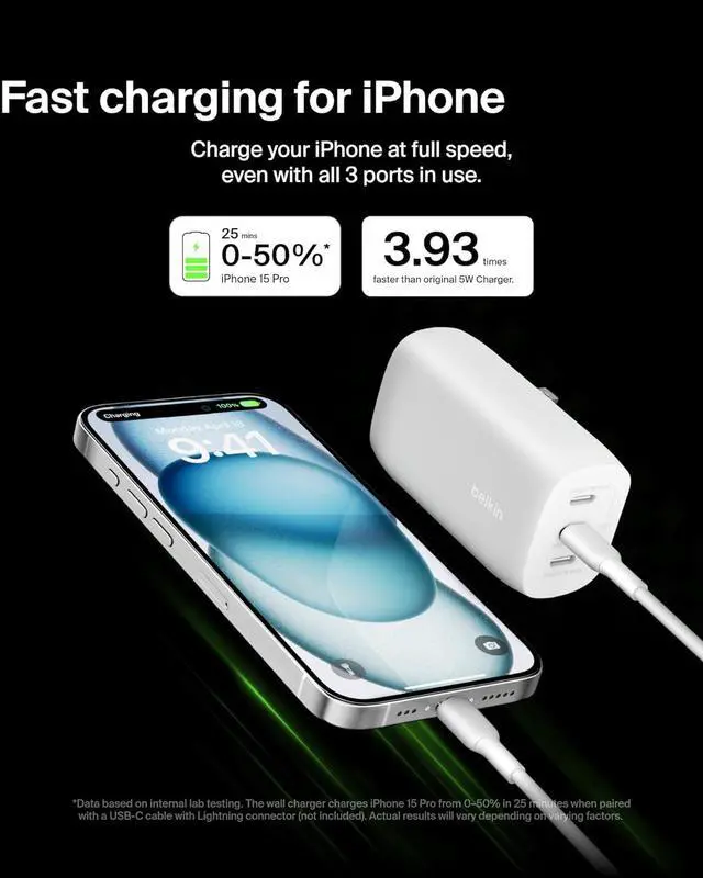 Alt view image 3 of 7 - Belkin 3-Port USB-C Charger Block 67W - PPS, USB-C PD3.1 Super Fast Charging Charger - Samsung Galaxy S25, Apple iPhone 16, MacBook Pro, AirPods, Nintendo Switch 2 & Other PD Enabled Devices - White