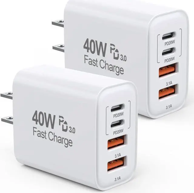 Main image of 40W iPhone 16 15 Charger Block Fast Charging [2-Pack] USB C Wall Charger 4-Port Fast USB Wall Adapter PD+QC Wall Plug Multiport Block Cube for iPhone 16/16 Pro/15/14/13/12/11/Pro Max/XS/XR iPad 12.9
