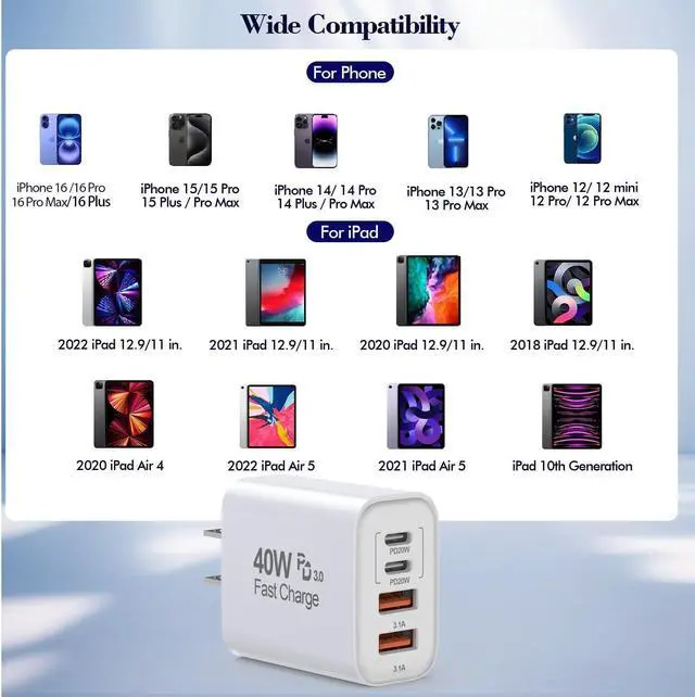 Alt view image 2 of 7 - 40W iPhone 16 15 Charger Block Fast Charging [2-Pack] USB C Wall Charger 4-Port Fast USB Wall Adapter PD+QC Wall Plug Multiport Block Cube for iPhone 16/16 Pro/15/14/13/12/11/Pro Max/XS/XR iPad 12.9