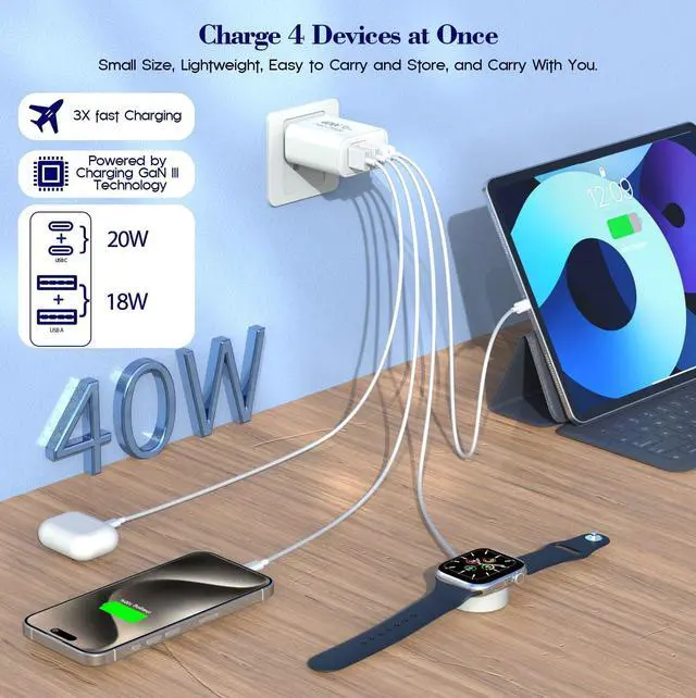Alt view image 6 of 7 - 40W iPhone 16 15 Charger Block Fast Charging [2-Pack] USB C Wall Charger 4-Port Fast USB Wall Adapter PD+QC Wall Plug Multiport Block Cube for iPhone 16/16 Pro/15/14/13/12/11/Pro Max/XS/XR iPad 12.9