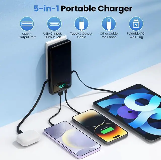 Alt view image 3 of 7 - Portable Charger for iPhone with Built in Cables and Wall Plug Upgraded 13800mAh Fast Charging USB C Power Bank 4 Outputs Travel Essential Battery Pack Compatible with iPhone 16/15/14  Android