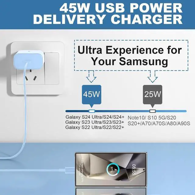 Alt view image 3 of 6 - Super Fast Charger USB C 45W  Charger Fast Charging Cable Block for  Galaxy S24 Ultra/S24/S24+/S23 Ultra/S23/S22 Ultra/S22/S21/S20/Note 10/20 PPS Wall Charger with 6.6FT Cord-Blue