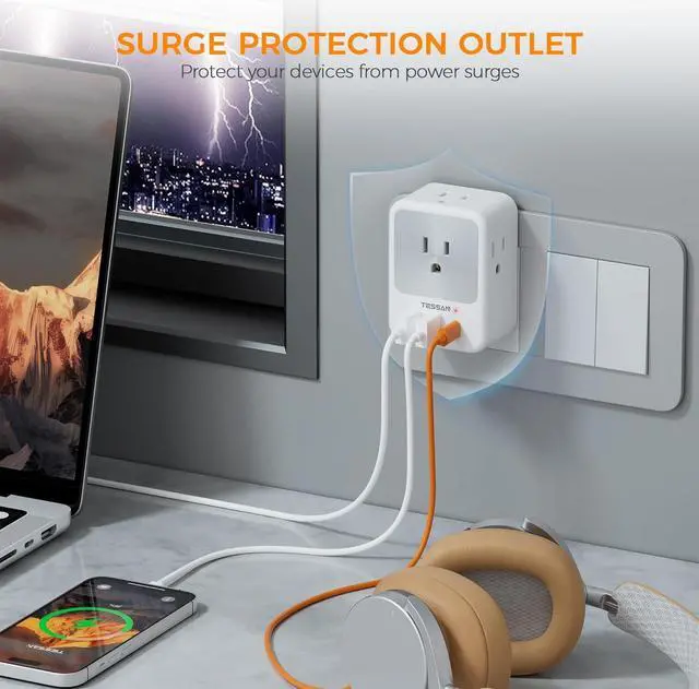Alt view image 3 of 6 - Surge Protector Wall Outlet Extender Multi Plug Outlet Splitter with 3 USB Charging Blocks(1 USB C) Multi Plug Wall Charger for Home Office School College Dorm Essentials