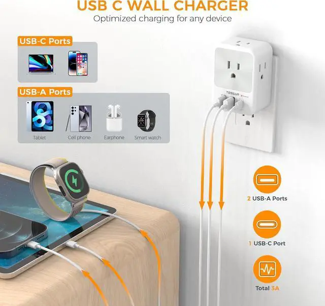 Alt view image 4 of 6 - Surge Protector Wall Outlet Extender Multi Plug Outlet Splitter with 3 USB Charging Blocks(1 USB C) Multi Plug Wall Charger for Home Office School College Dorm Essentials