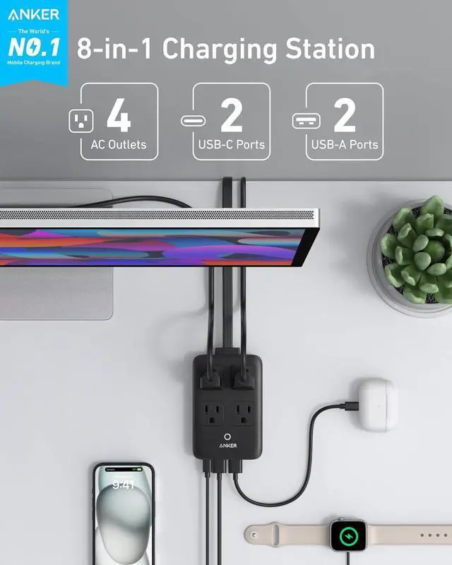 Alt view image 2 of 6 - Charging Station 20W Max 8-in-1 USB-C Power Strip for iPhone 15/14 and MacBook Air/Pro 5 ft Thin Cord with 4 AC 2 USB-A and 2 USB-C Ports Fast Charging Desktop Charger for Travel Office