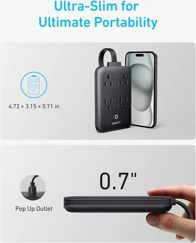 Alt view image 3 of 6 - Charging Station 20W Max 8-in-1 USB-C Power Strip for iPhone 15/14 and MacBook Air/Pro 5 ft Thin Cord with 4 AC 2 USB-A and 2 USB-C Ports Fast Charging Desktop Charger for Travel Office