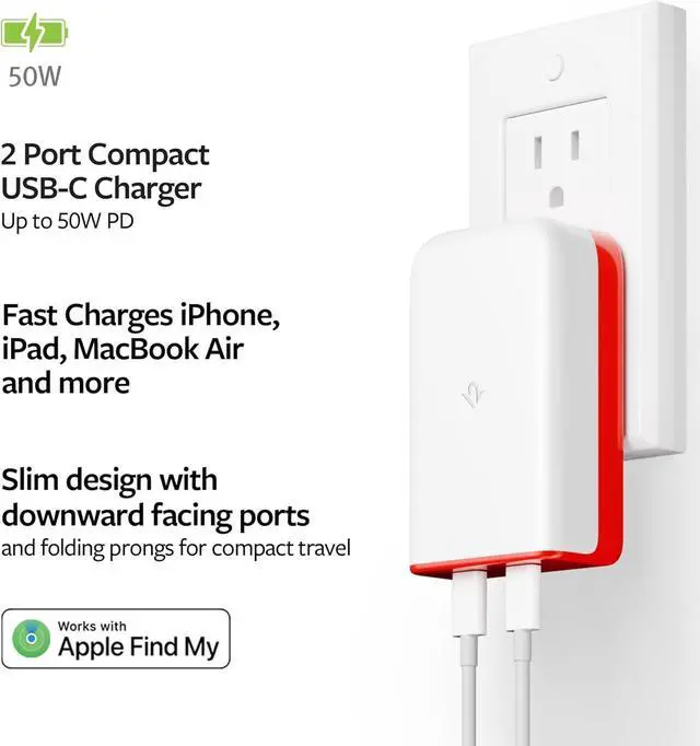 Alt view image 2 of 6 - PlugBug 50W USB-C Charger Block 2-Port Fast Charging Block Hub for iPhone iPad MacBook & More with Apple Find My Integration and Folding Prongs for Travel USB Type C Fast Charger