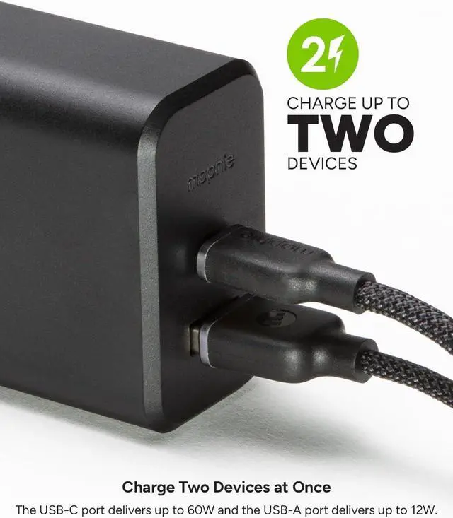 Alt view image 2 of 6 - Mophie GaN 60W USB C Charger Block with USB A Port - Fast Wall Charger for iPhone iPad Google Pixel Galaxy MacBook Pro Laptops and More - Compact Foldable Prongs Eco-Friendly Black