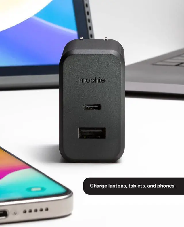 Alt view image 3 of 6 - Mophie GaN 60W USB C Charger Block with USB A Port - Fast Wall Charger for iPhone iPad Google Pixel Galaxy MacBook Pro Laptops and More - Compact Foldable Prongs Eco-Friendly Black
